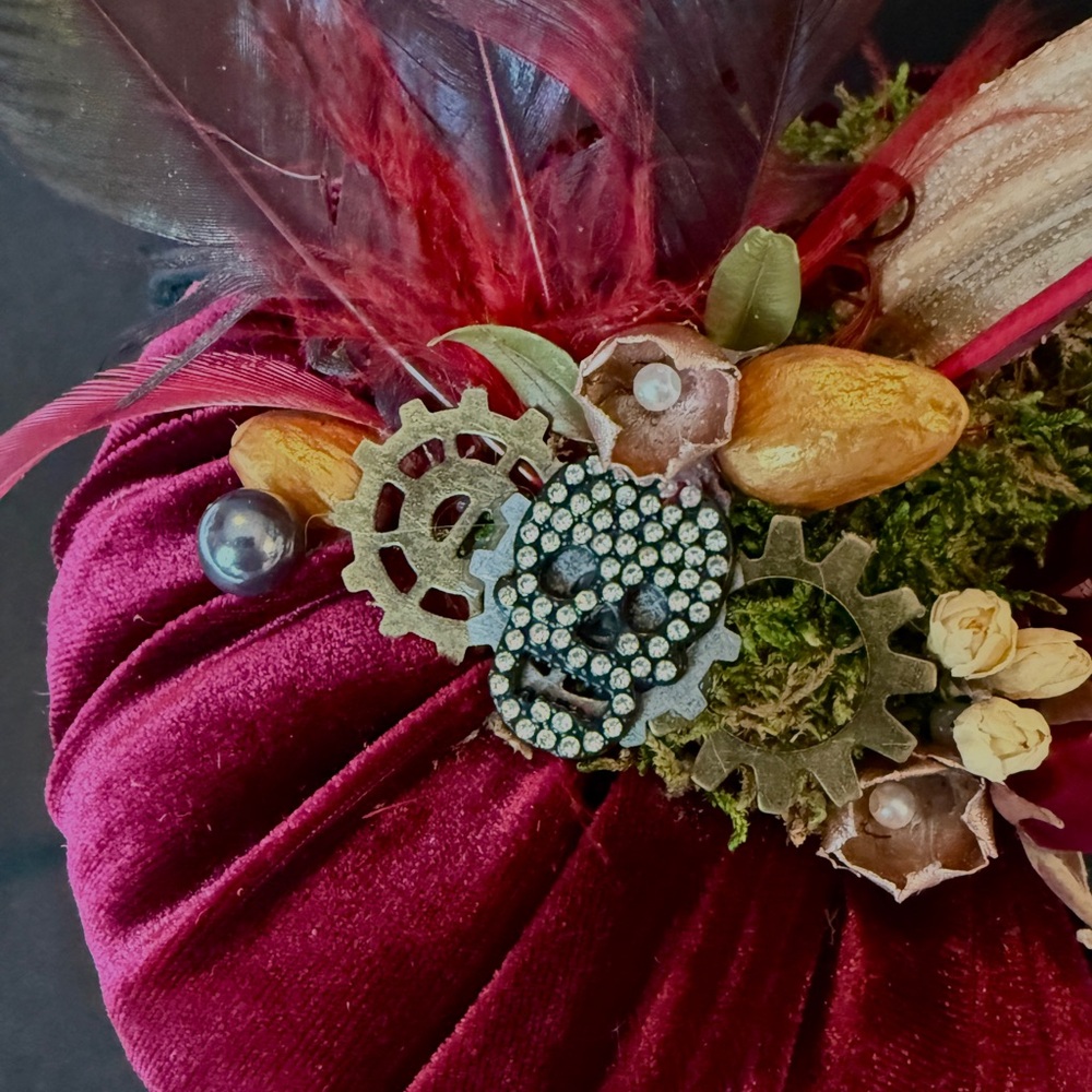 Luxurious Red/Wine Velvet pumpkin with real stem. Steampunk style.